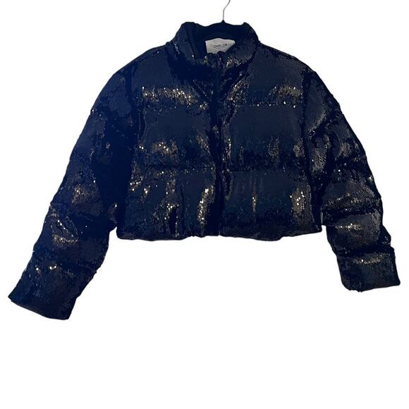 CHRLDR Cheerleader All Over Black Sequins Wendy Crop Puffer Jacket Size S - Picture 2 of 7